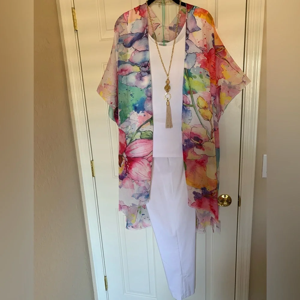 NWT Museum Art Ruana Rhuana Kimono Cover-Up OS “Watercolor Flowers” - Picture 2 of 10